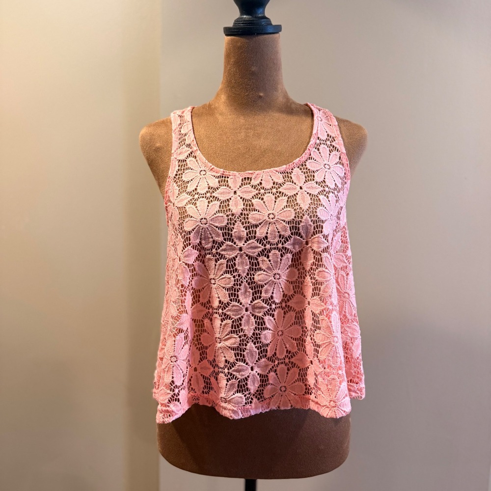 Blu Pepper Lace Tank Top Women M Pink Floral Caged Back Cropped Festival Boho